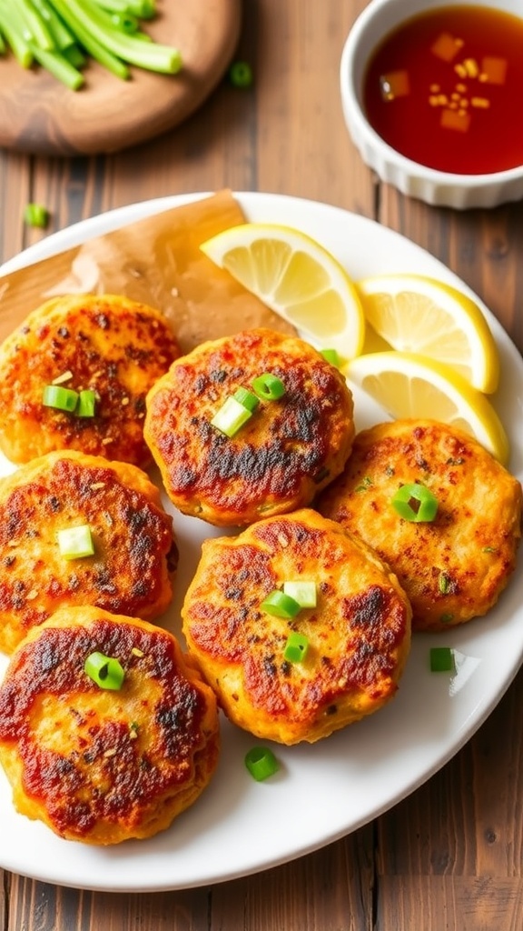 Golden salmon patties with sweet potato on a plate, garnished with green onions and lemon wedges.